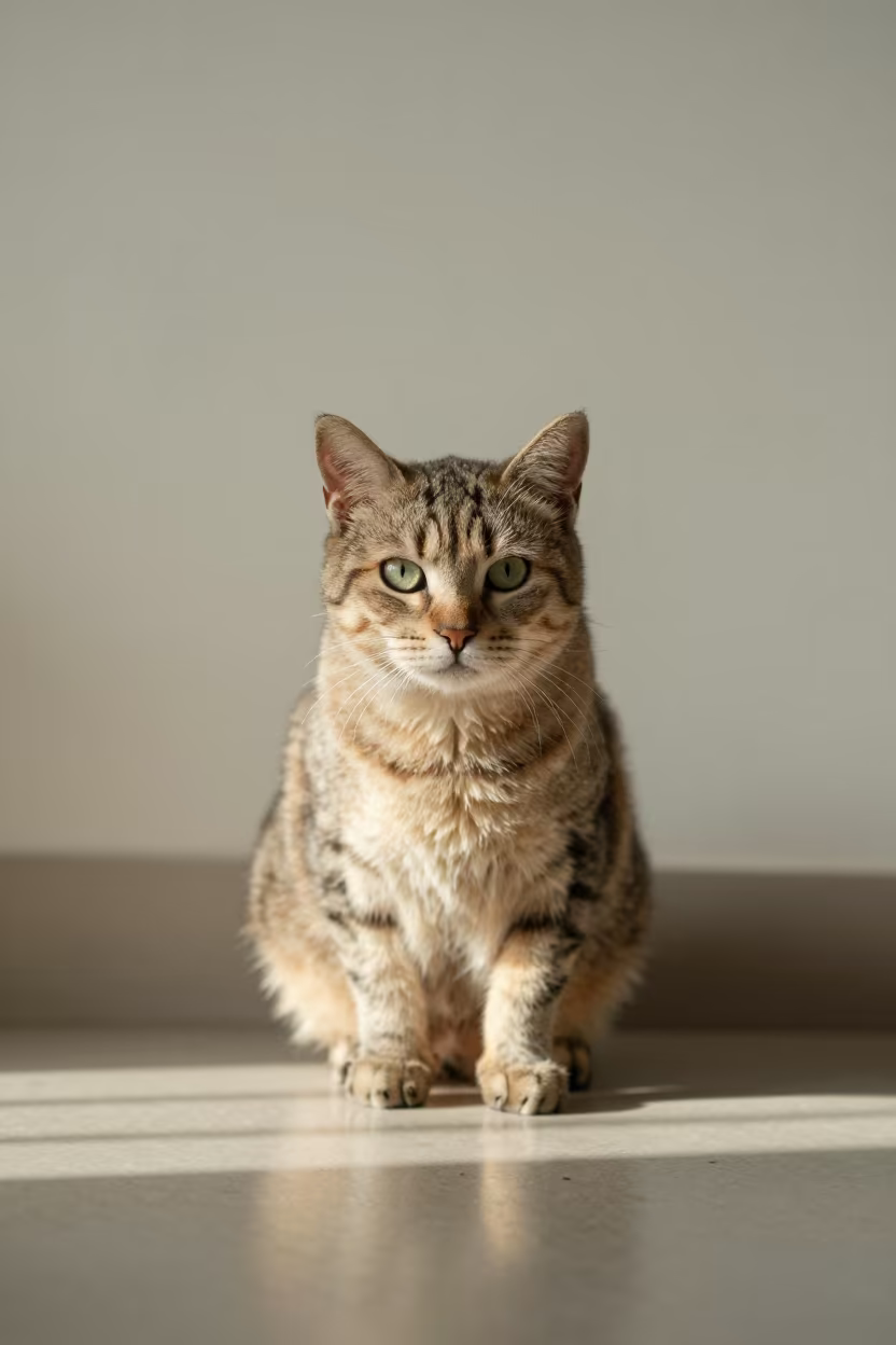 Cymric Cat Portrait in Soft Dawn Light Near Oumé in beside a plain plaster wall in soft indoor light with the animal centered in frame near Oumé