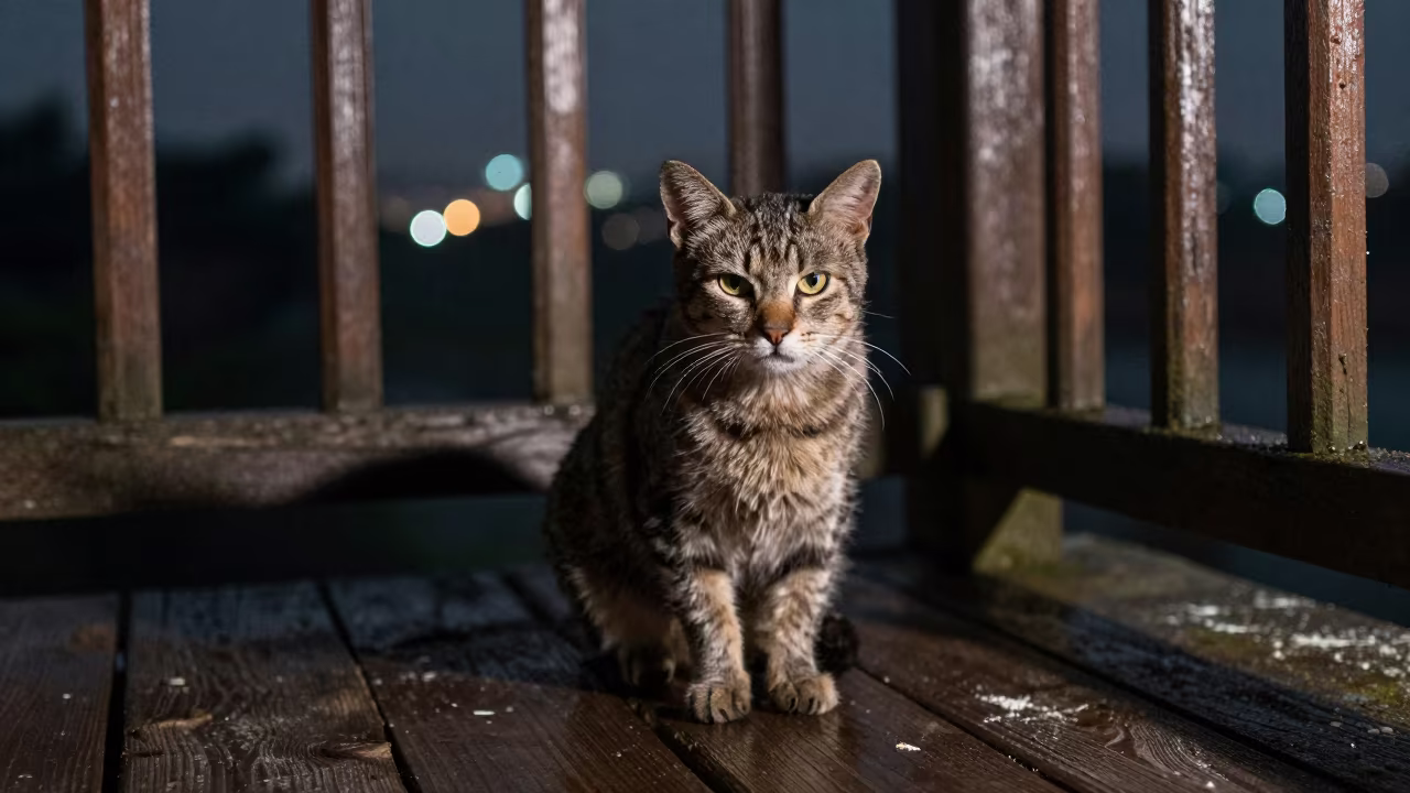 Cymric Cat Portrait on Abidjan Porch in on a shaded front porch with boards, railings, and eye-level framing in Abidjan