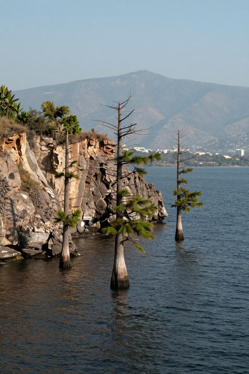 Cypress Knees Rising from Dark Water in Mexico City in along a salt-sprayed cliff edge near Mexico City