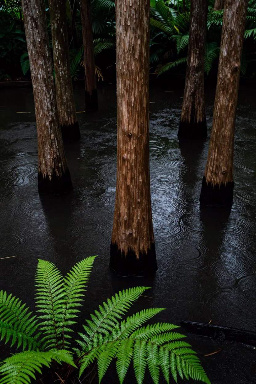 Cypress Knees Rising from Dark Water in on a fern-lined forest floor in Russia