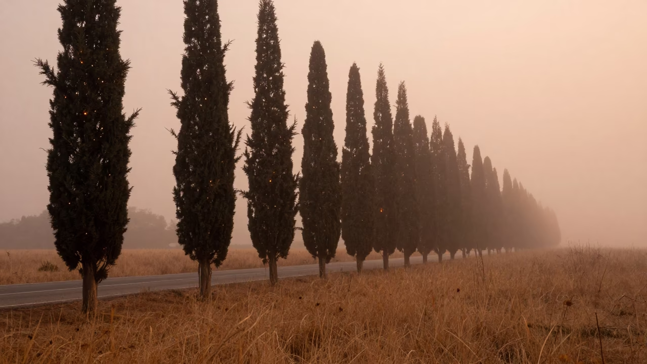 Cypress Trees Along Road in Copper Mist in in a bloom-heavy meadow near Baía Farta