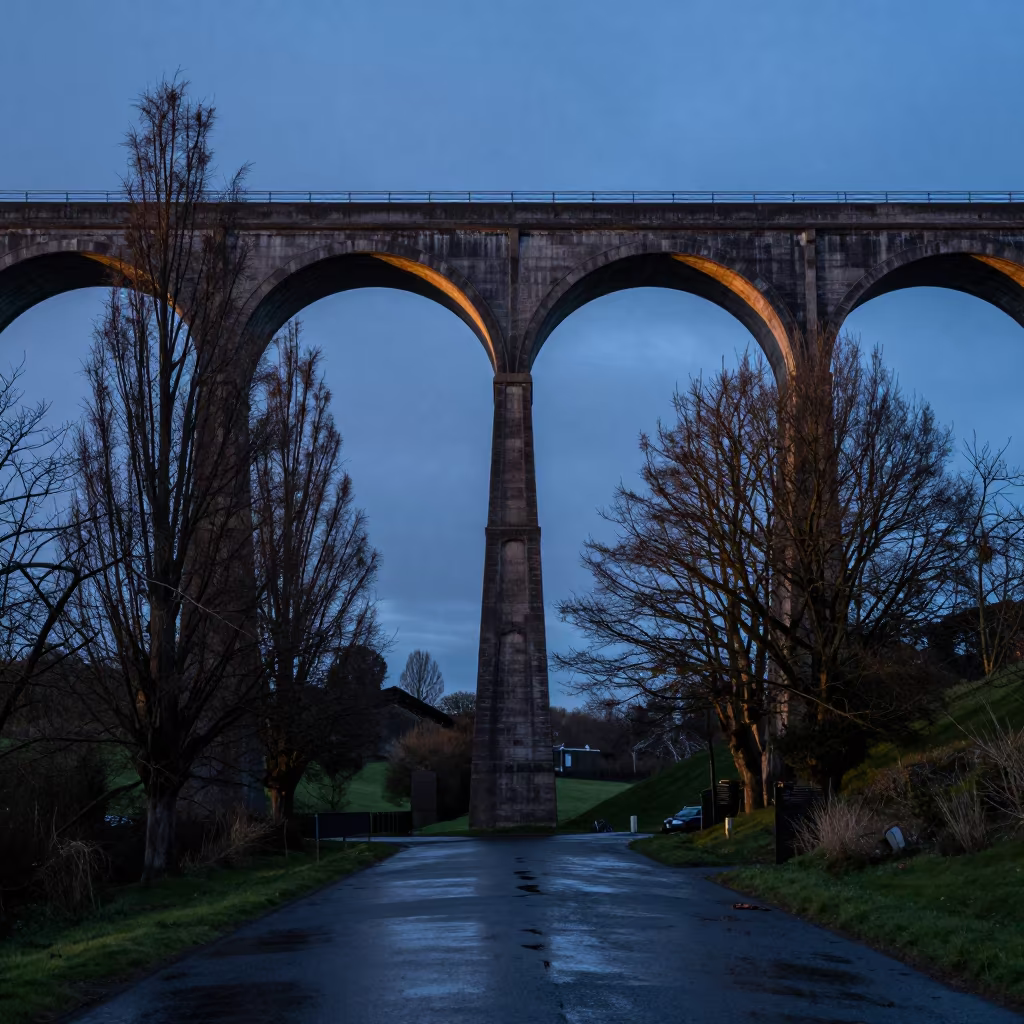 Cypress Trees Under Aqueduct Tower Twilight Scotland in beside a storm surge barrier in Scotland