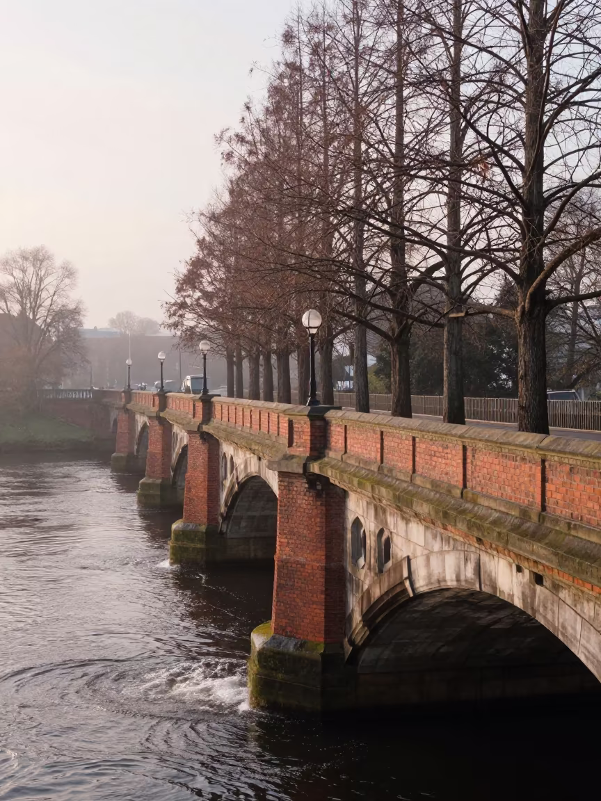 Cypress Trees and Brick Kilns on Cardiff Viaduct in beside a bridge pier above moving water in Cardiff