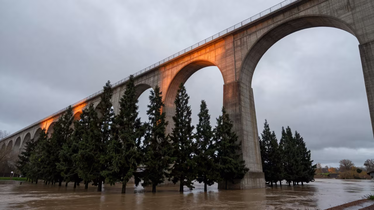 Cypress Trees Under Aqueduct Tower in along a levee path above floodwater near Saint-Louis