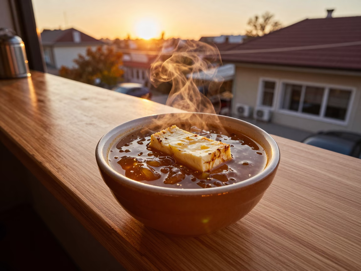 Cypriot Trachanas Soup and Halloumi at Sidon Sunset in at a noodle counter in Sidon