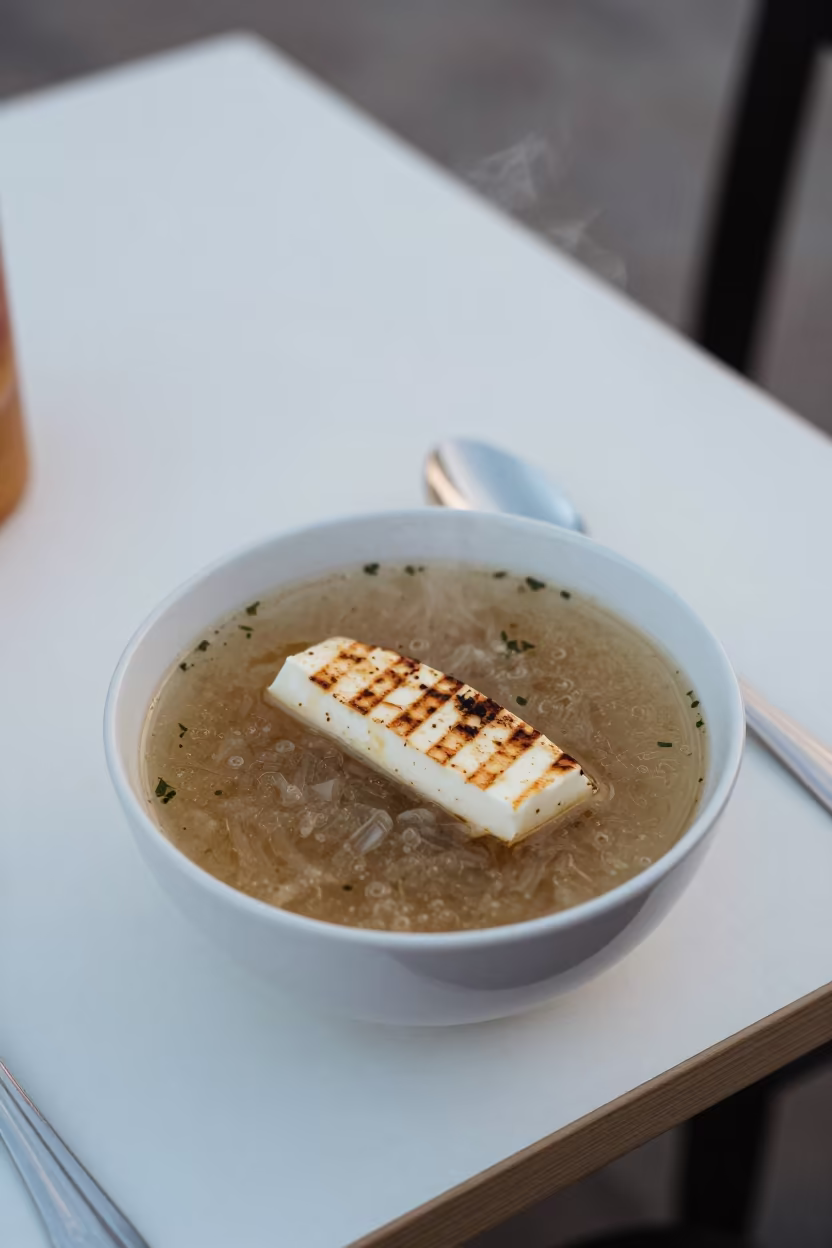 Cypriot Trachanas Soup with Halloumi on Table in on a small dining table by a window in Rufisque