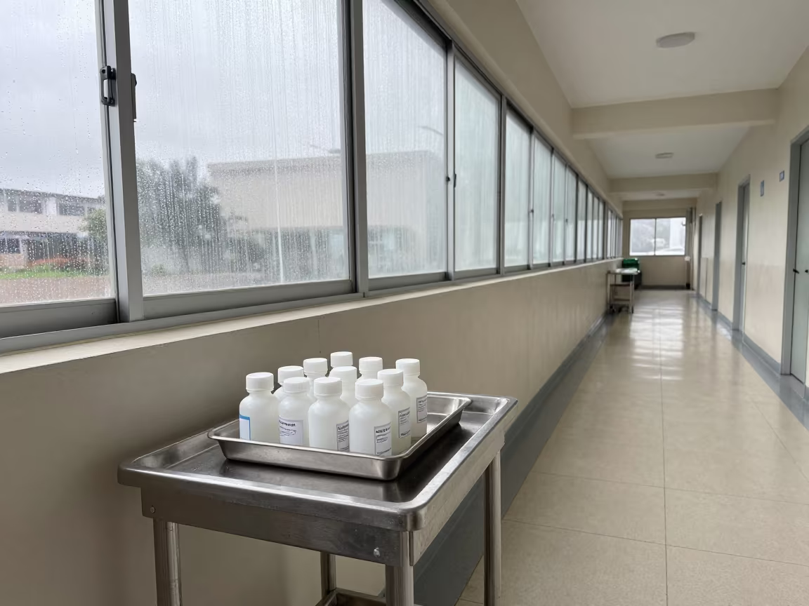 Cytology Fixative Bottles on Cart in Lobito Hospital in inside a hospital corridor near Lobito