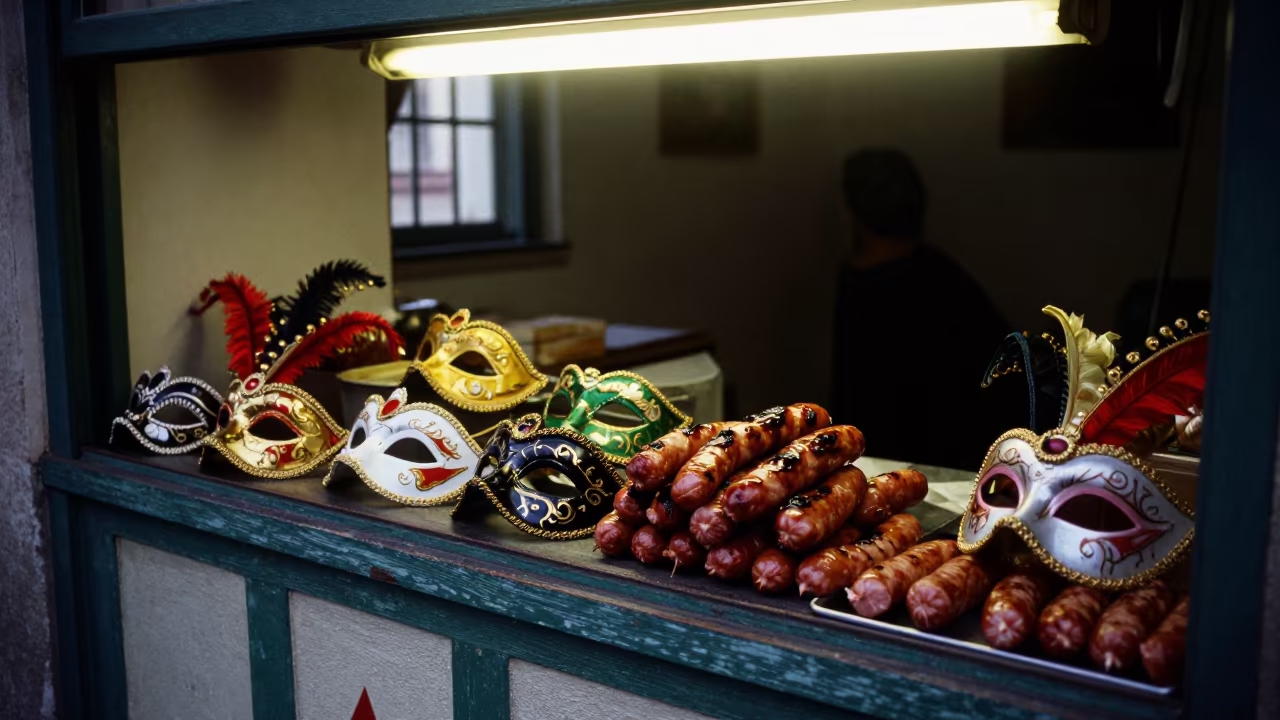 Czech Masopust Sausage Feast on São Paulo Ledge in on a painted display ledge in São Paulo