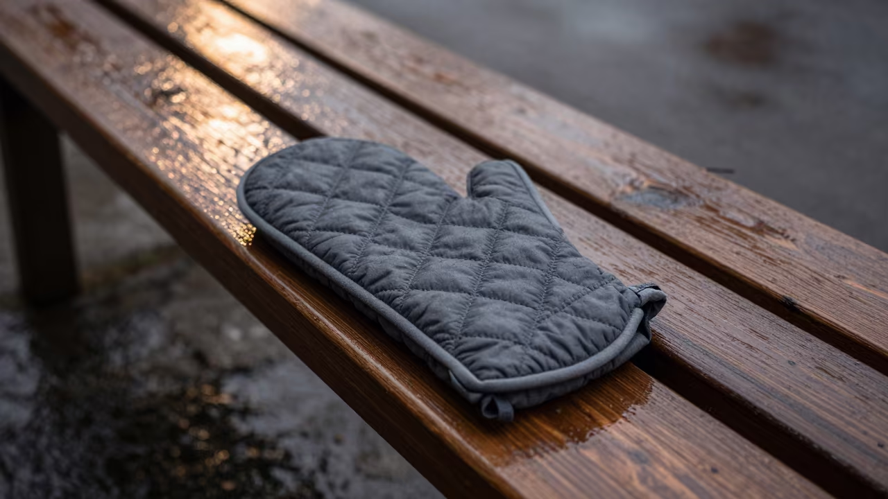 Czech Oven Mitt on Cedar Bench in Rain in in Czech Republic