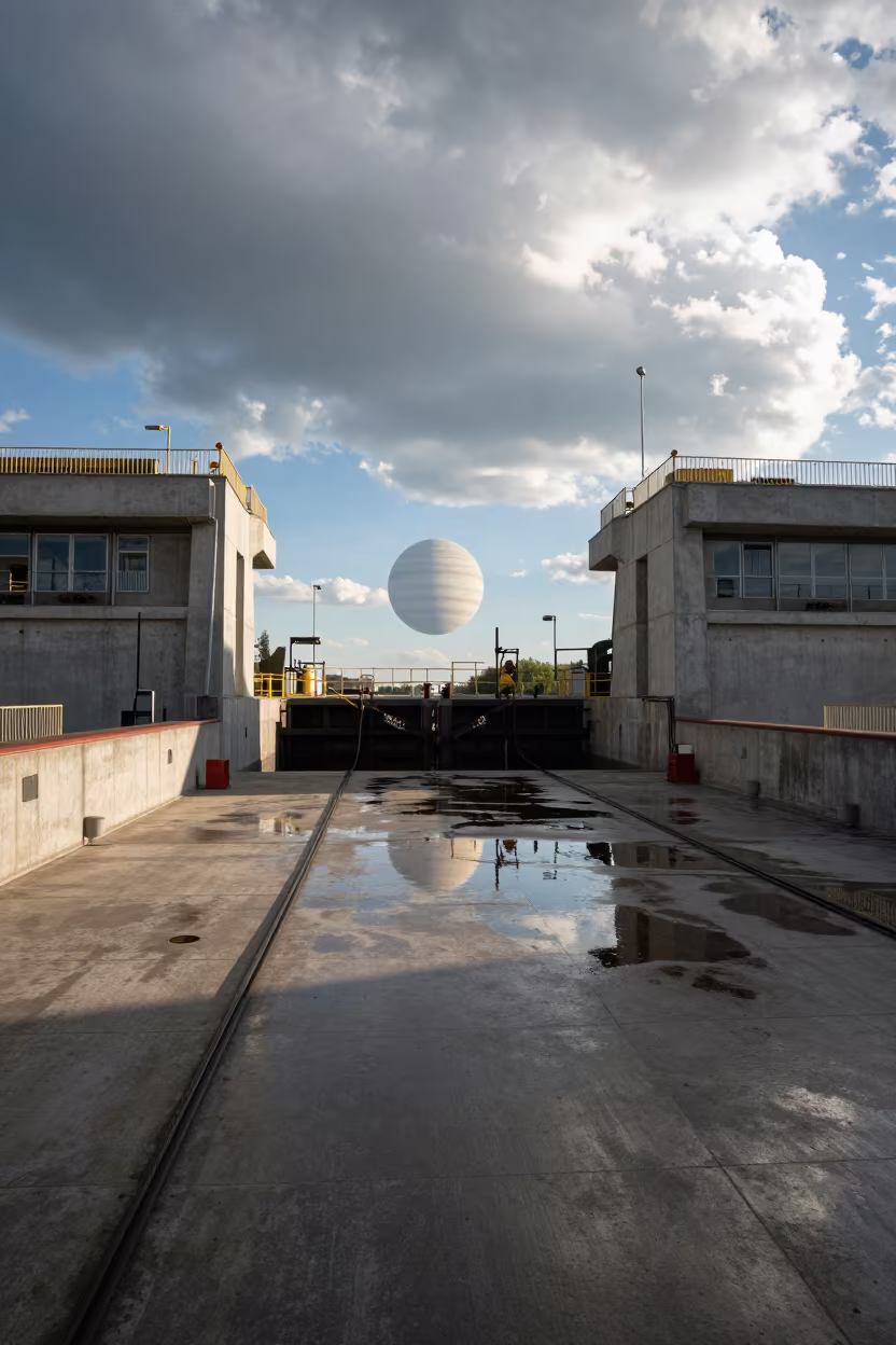 Czech Pump Hall with Ringed Planet Horizon in at a canal lock chamber in Czech Republic