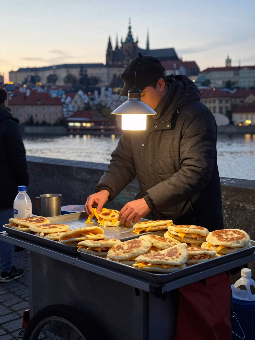 Czech Street Vendor Dawn Sale of Arepas and Spiced Pastries in Prague in in Prague, Czech Republic