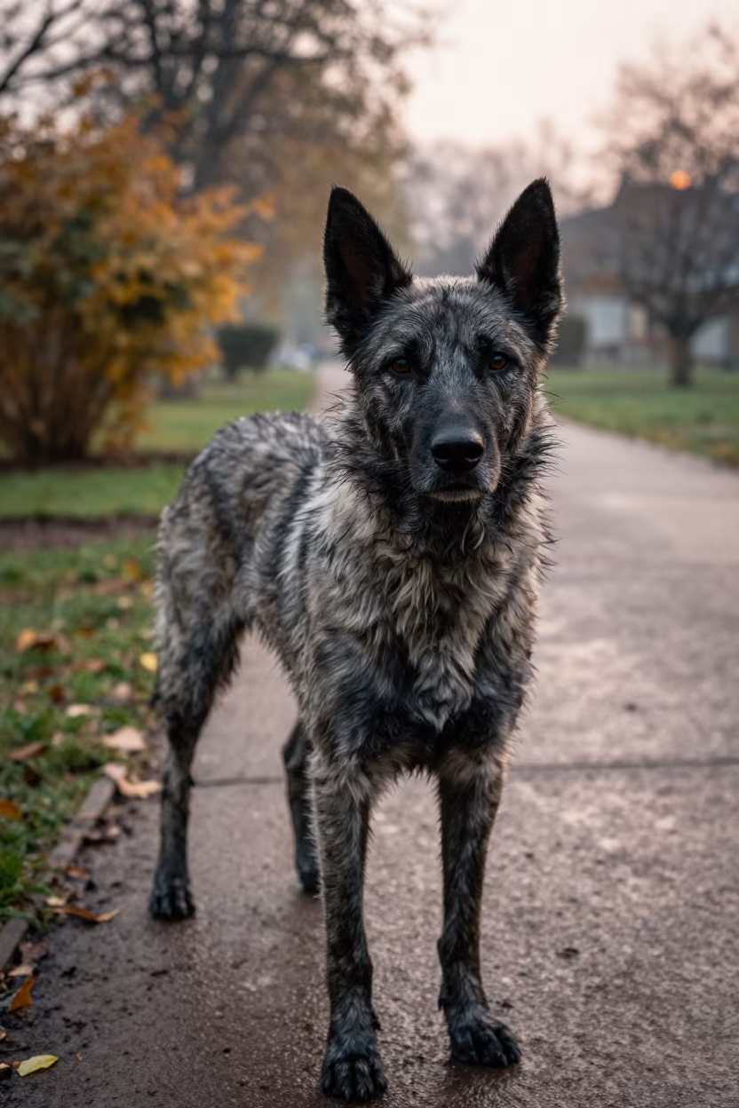 Czechoslovakian Vlciak Dawn Portrait in Muzaffargarh in near a garden edge with soft morning light and an uncluttered background in Muzaffargarh