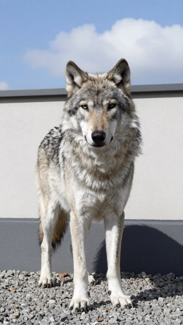 Czechoslovakian Vlciak Portrait Against Courtyard Wall in beside a plain courtyard wall in clear daylight with the animal at eye level near Pereira
