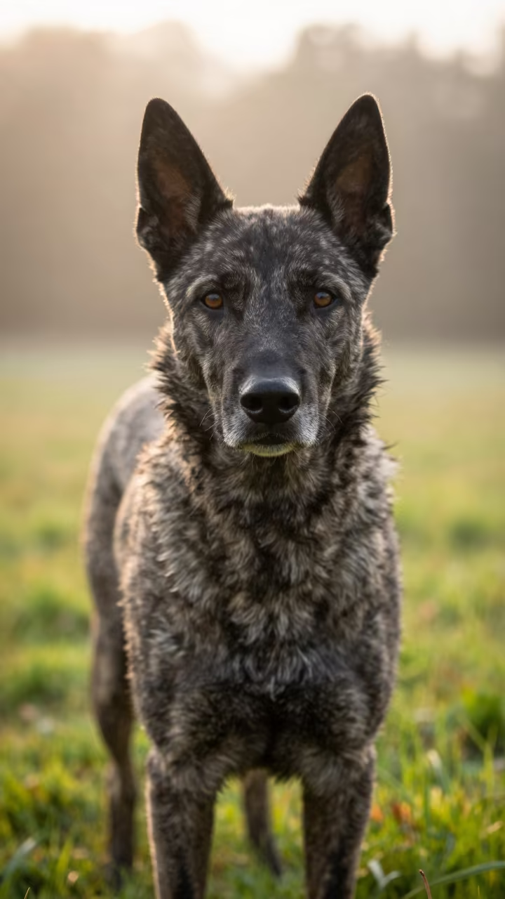 Czechoslovakian Wolf Dog Portrait in Lyon Yard in in a small yard with clipped grass, calm light, and the animal centered in frame in Lyon