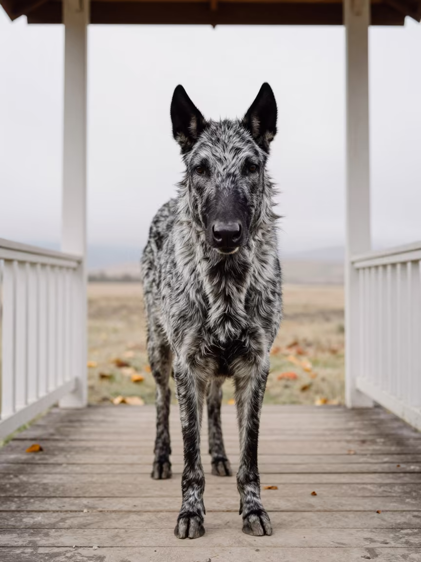 Czechoslovakian Wolf Dog Portrait on Puno Porch in on a shaded front porch with boards, railings, and eye-level framing near Puno