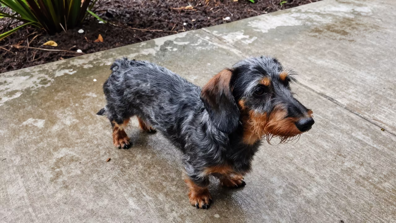 Dachshund on Rainy Porch in Campeche in near a garden edge with soft morning light and an uncluttered background in San Francisco de Campeche