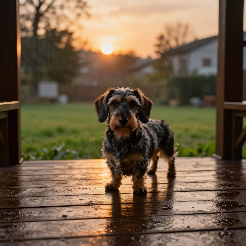 Dachshund on Shaded Nanjing Porch in Amber Light in in a small yard with clipped grass, calm light, and the animal centered in frame near Nanjing