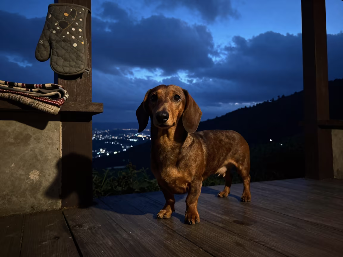 Dachshund on Shilin Porch Rim Light Night in in a small yard with clipped grass, calm light, and the animal centered in frame in Shilin, Taipei