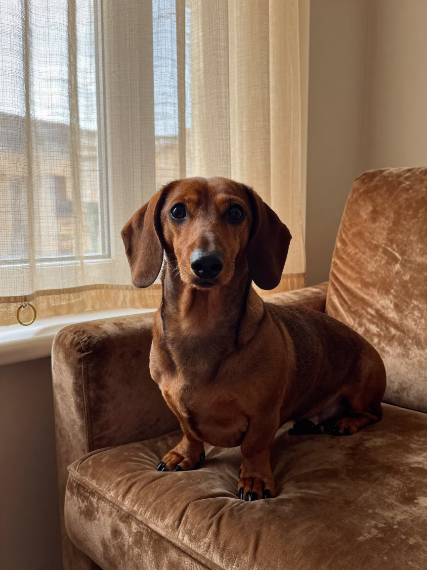 Dachshund Portrait in Damascus Window Light in on a sofa near a curtained window with calm indoor light in Damascus