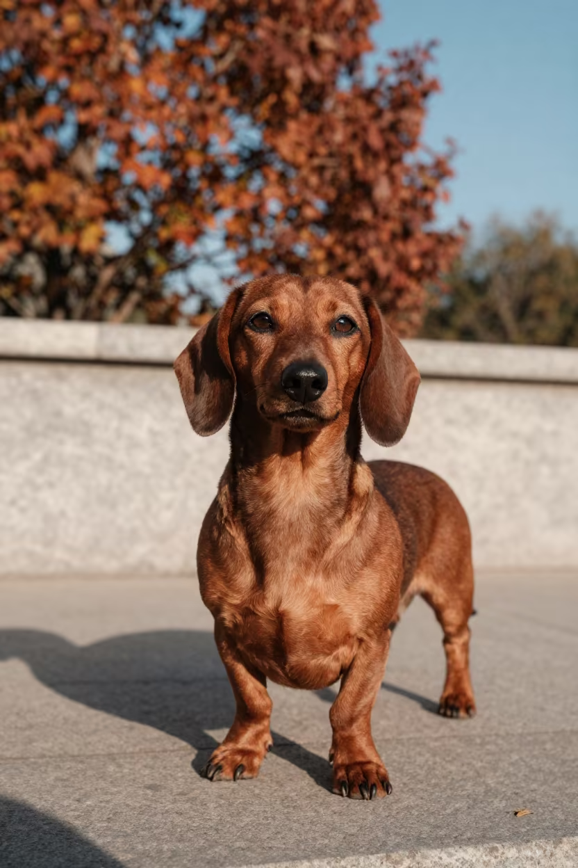 Dachshund Portrait in Xian Park Late Autumn Light in along a quiet park path with soft open shade and a clean background near Xian