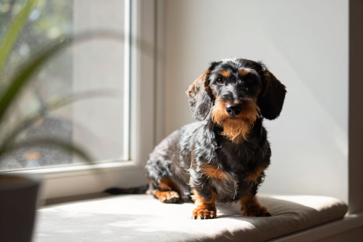 Dachshund Portrait on Window Seat in Bangalore in on a cushioned window seat with soft side light and an uncluttered background in Bangalore