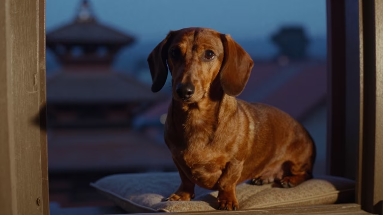 Dachshund Portrait on Window Seat in Lalitpur in on a cushioned window seat with soft side light and an uncluttered background in Lalitpur