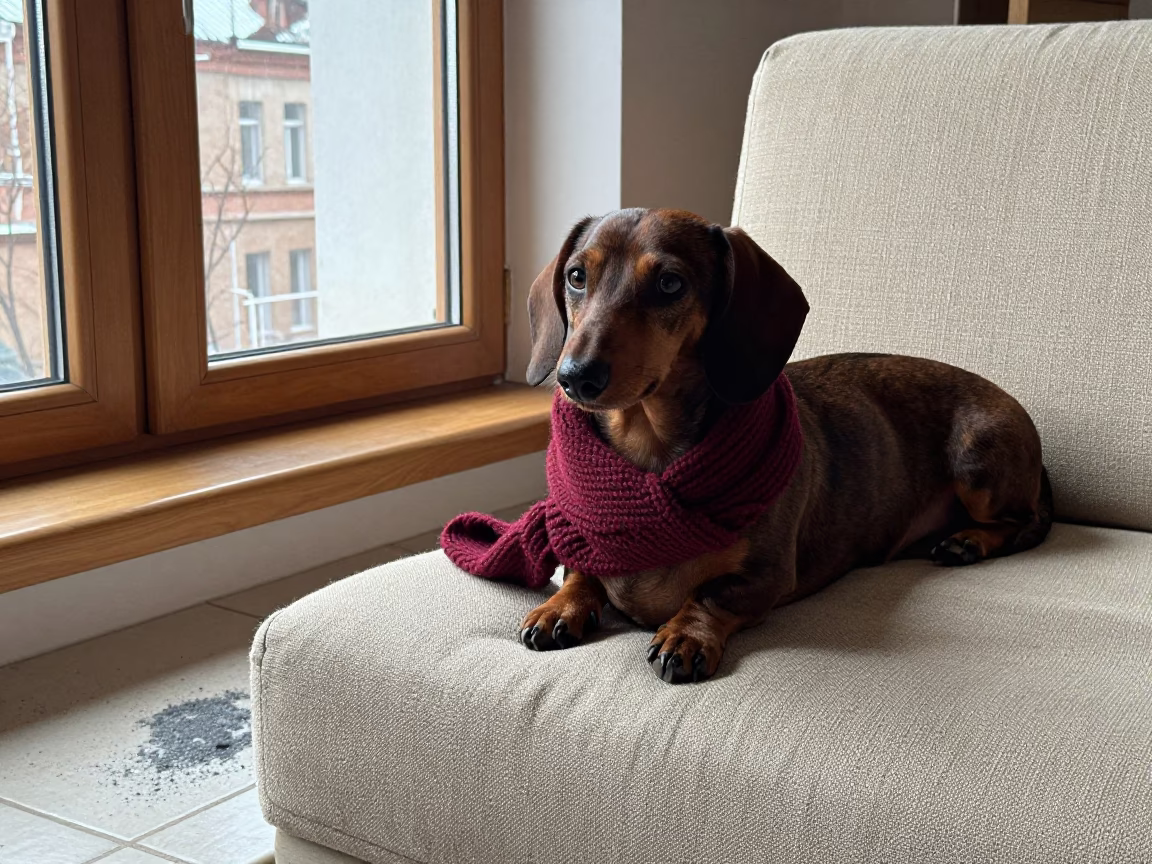 Dachshund Resting on Linen Sofa Near Yekaterinburg Window in on a linen sofa with daylight from a nearby window near Yekaterinburg
