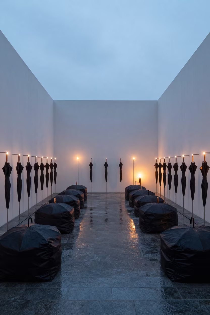 Daegu Fashion Week Umbrellas and Flashes in inside a minimalist showroom in Daegu