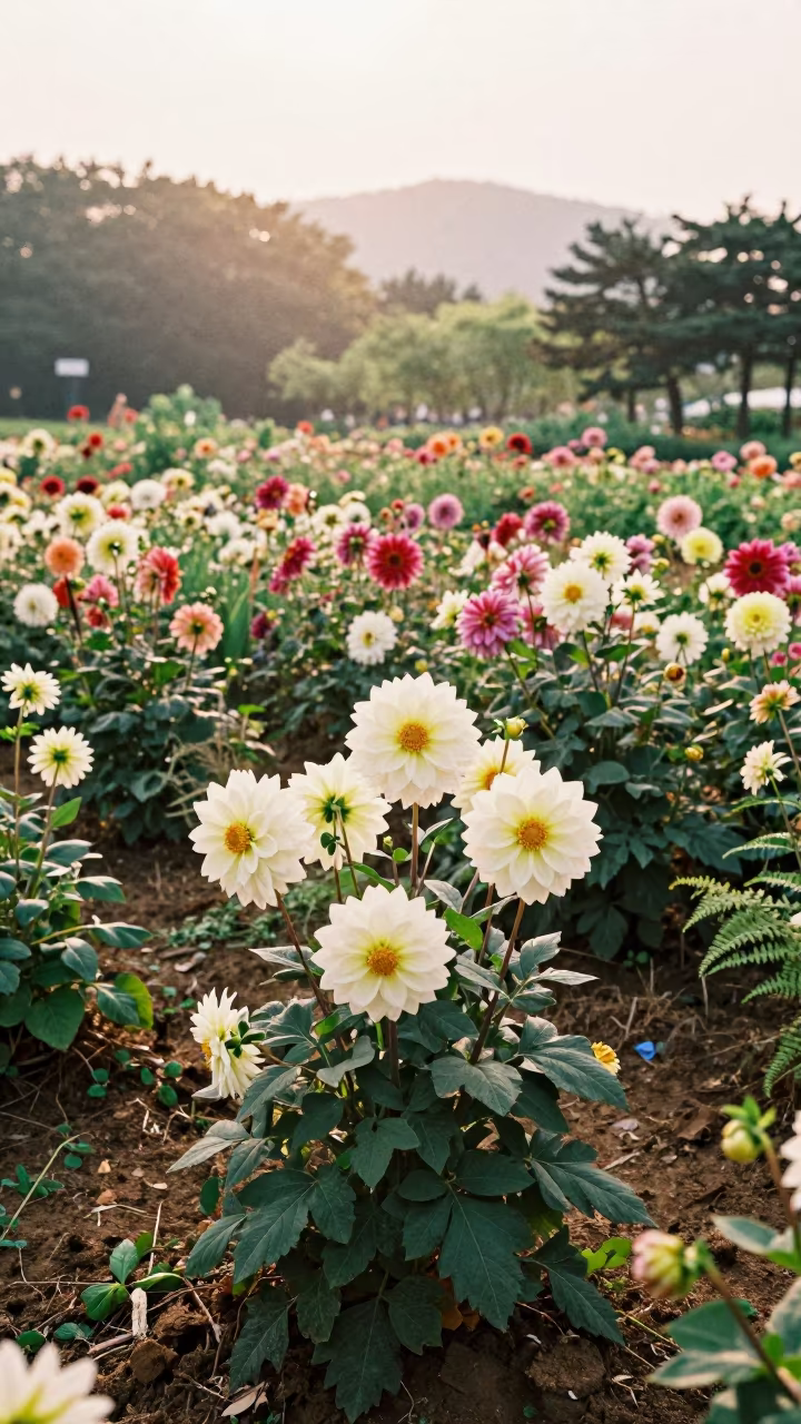 Dahlia Blooms on Fern Floor Near Incheon in on a fern-lined forest floor near Incheon