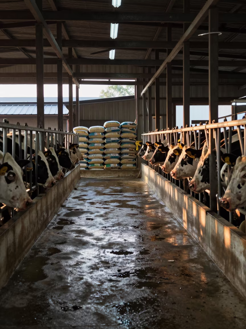 Dairy Barn Milking Parlor Dawn Light Japan in inside a machine shed with seed bags stacked high in Japan