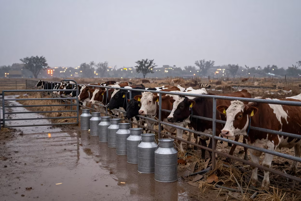 Dairy Calf Hutches Under Sleet Beside Milk Buckets in beside a pasture gate in Jharkhand
