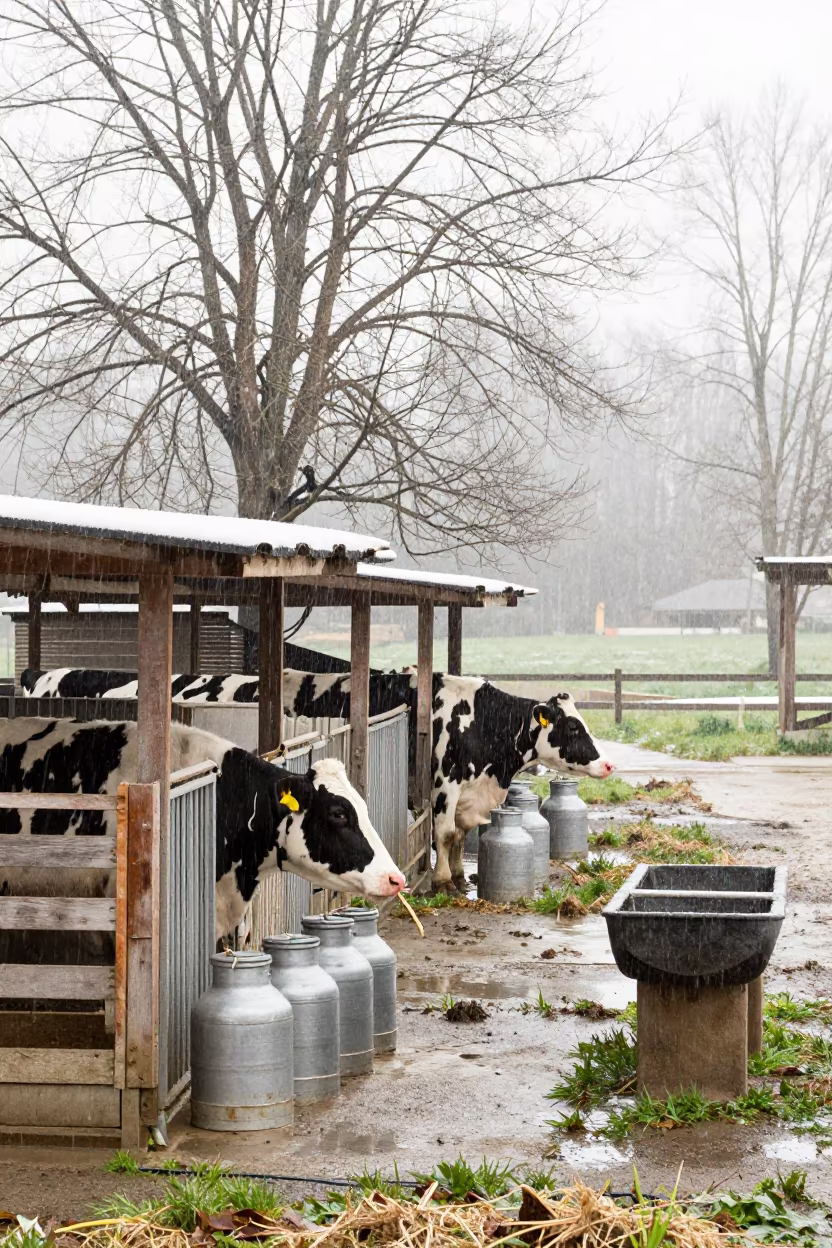 Dairy Calf Hutches Under Sleet in Lombardy in near a windbreak and water trough in Lombardy