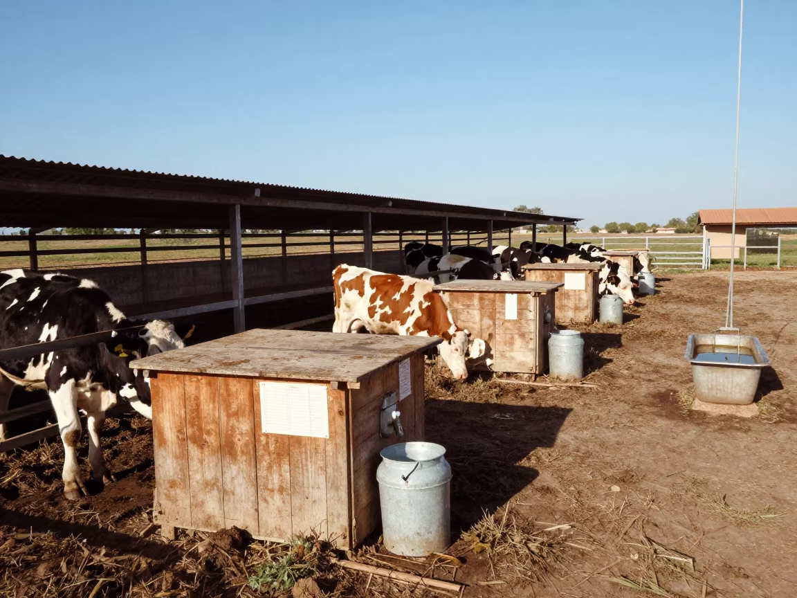 Dairy Calves Near Warming Box Aragon Summer in near a windbreak and water trough in Aragon