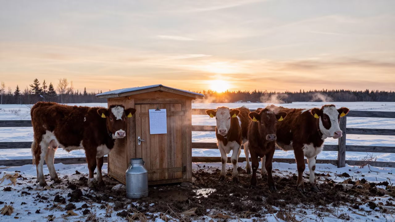 Dairy Calves Near Warming Box in Lapland Snow in along a muddy paddock fence in Lapland