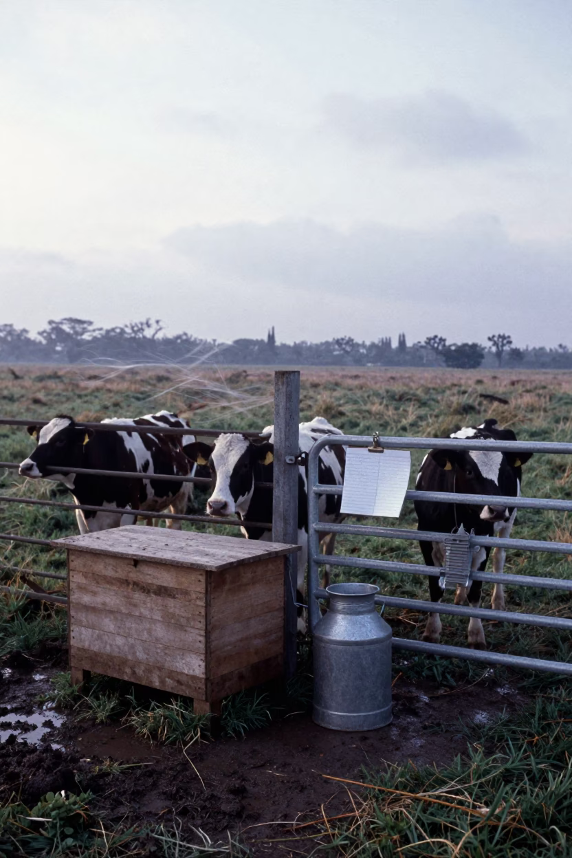 Dairy Calves Near Warming Box Before Sunrise in Sulawesi in beside a pasture gate in Sulawesi