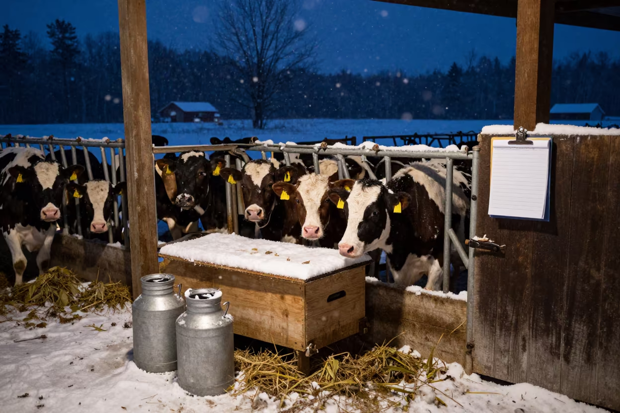 Dairy Calves in Winter Snow at Ontario Ranch in inside a ranch corral in Ontario