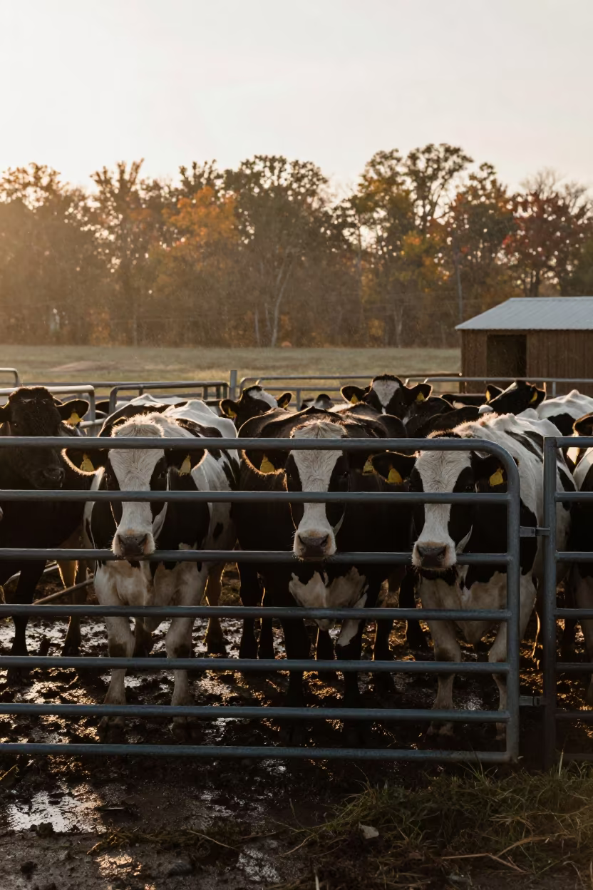 Dairy Herd Bunching at Gate in Autumn Dawn in inside a ranch corral in Kansas