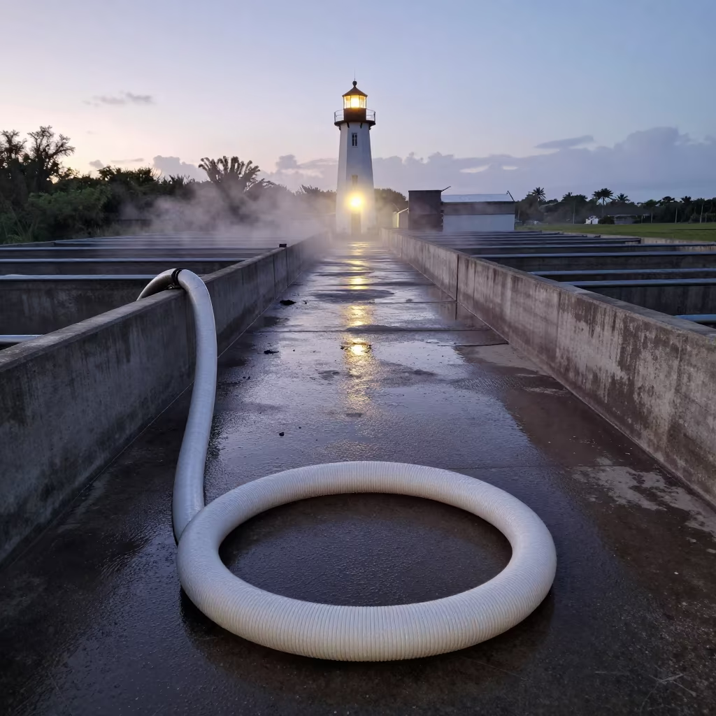 Dairy Hose Coiled at Bahamian Stockyard Dawn in at a stockyard loading ramp in Bahamas
