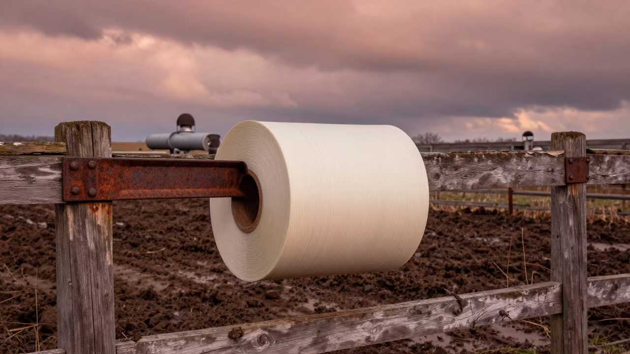 Dairy Liner Roll Before Barn Sweep in Canada in along a muddy paddock fence in Canada