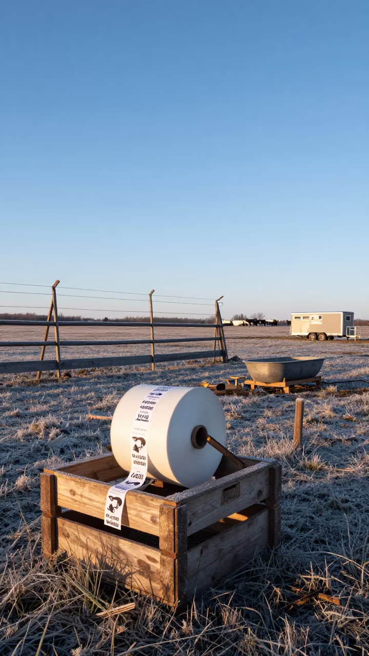 Dairy Liner Roll Before Dawn in Canada in near a windbreak and water trough in Canada
