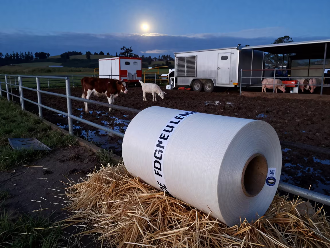 Dairy Liner Sticker Roll Before Dawn in along a muddy paddock fence in Ecuador