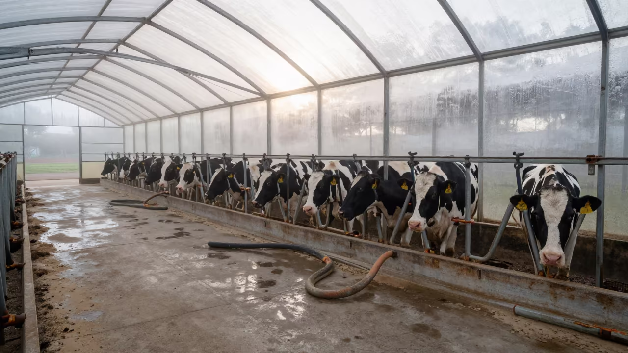 Dairy Parlor Greenhouse Fog Before Dawn in in a dairy milking parlor in Venezuela