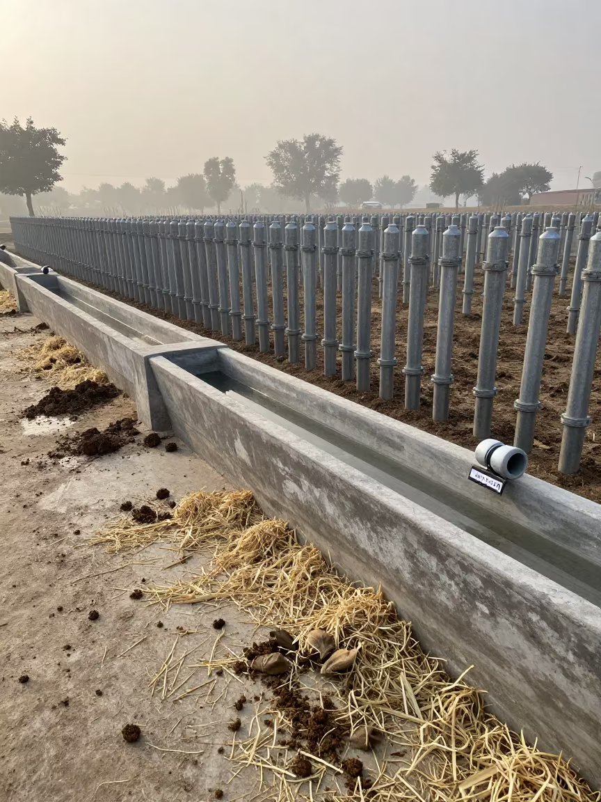 Dairy Pen at Dawn with Infinite Pipeline Tags in along a feedlot lane in Pakistan