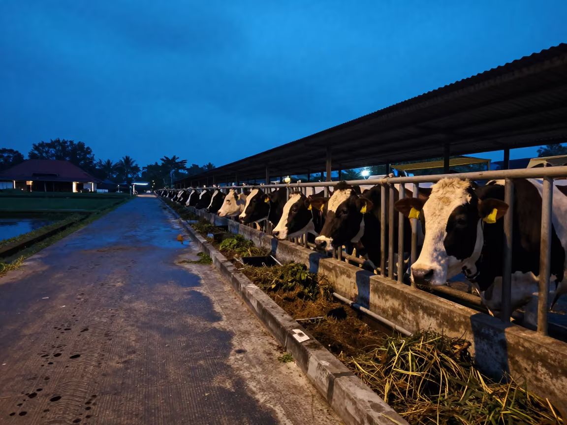 Dairy Pen with Water Trough Under Monsoon Sky in along a feedlot lane in Bali