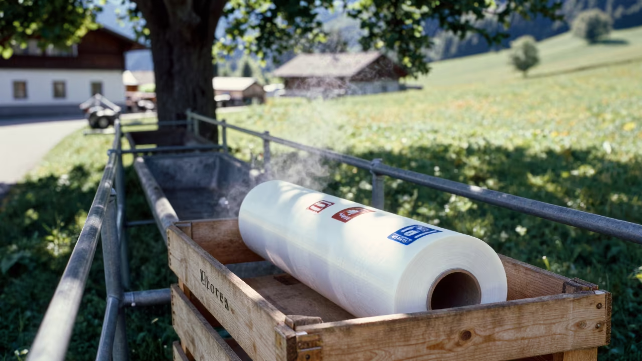 Dairy Sticker Roll Amidst Tyrolean Midsummer Chores in near a windbreak and water trough in Tyrol