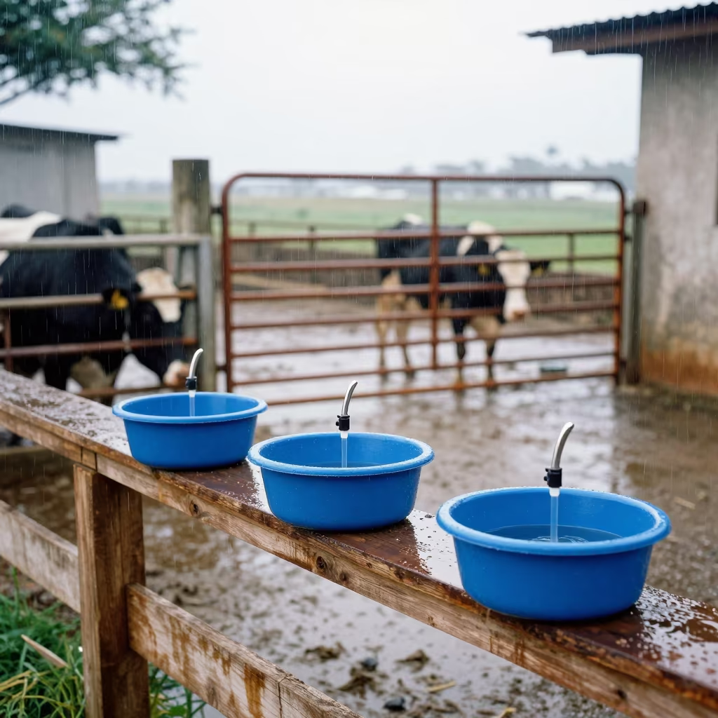 Dairy Teat Dip Cup Tray in Bahia Corral Rain in inside a ranch corral in Bahia