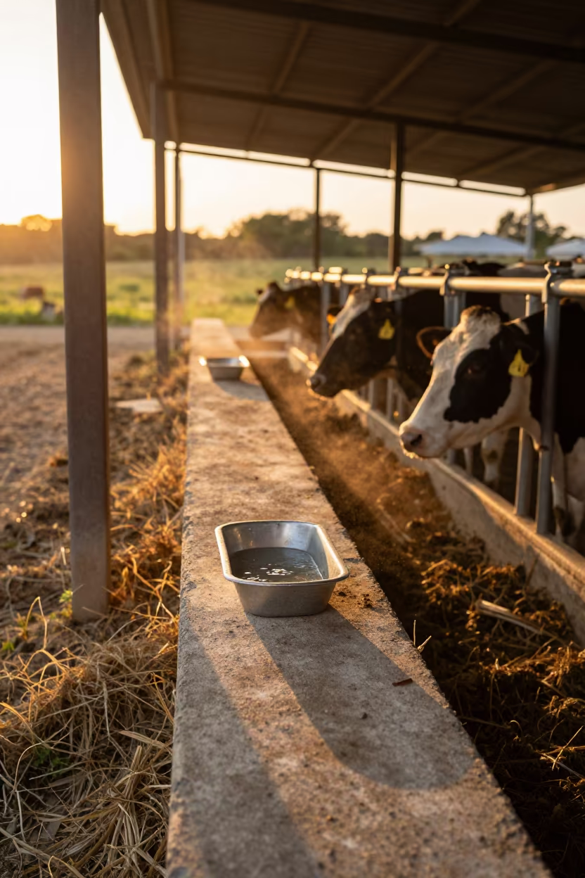 Dairy Teat Dip Cup Tray at Golden Hour in near a windbreak and water trough in Puglia