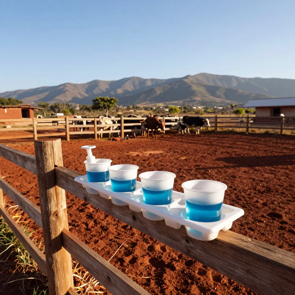Dairy Teat Dip Cup Tray in Guatemalan Corral in inside a ranch corral in Guatemala