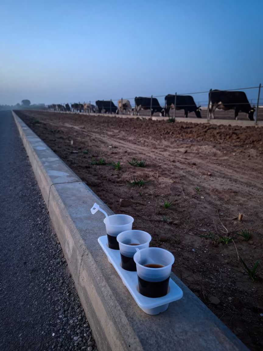 Dairy Teat Dip Tray Blue Hour Libya in along a feedlot lane in Libya