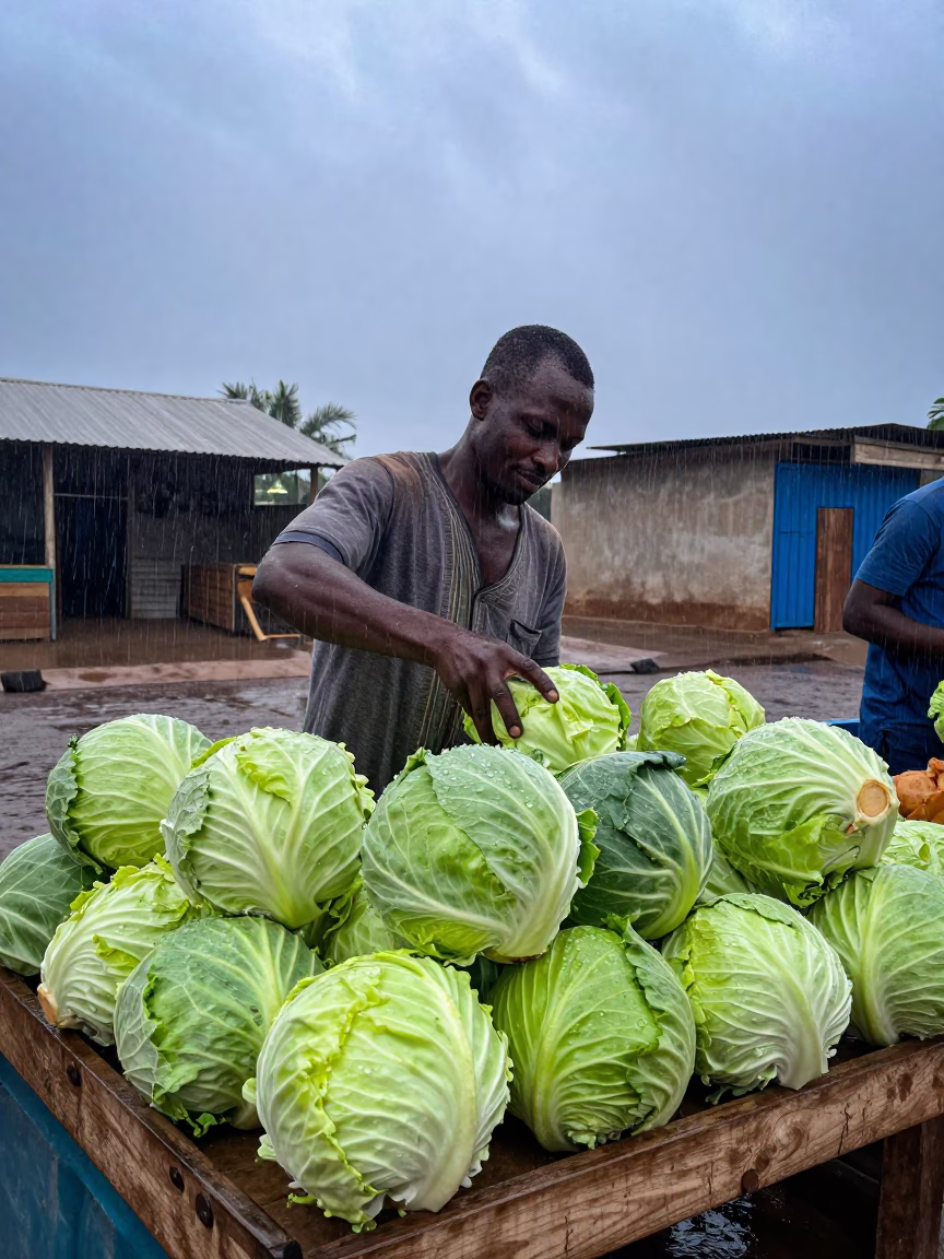 Dakar Market Stall Keeper Sorting Cabbages Under Light Rain Dusk in in Dakar, Senegal